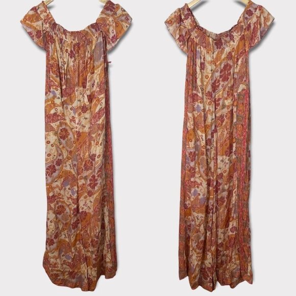 Free People Bohemian Wide Leg Orange Yellow Floral Jumpsuit Carmen Smock XS Boho - Picture 5 of 15